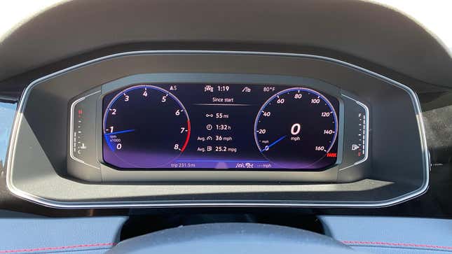 A close-up of the digital gauge cluster