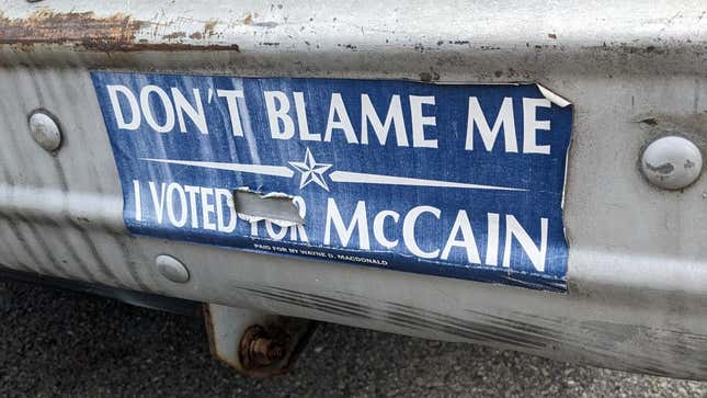 "Don't Blame Me I Voted for McCain" bumpersticker on van in Derry, New Hampshire.