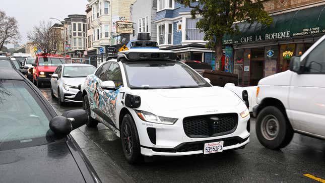 A photo of a self-driving Jaguar in San Francisco. 