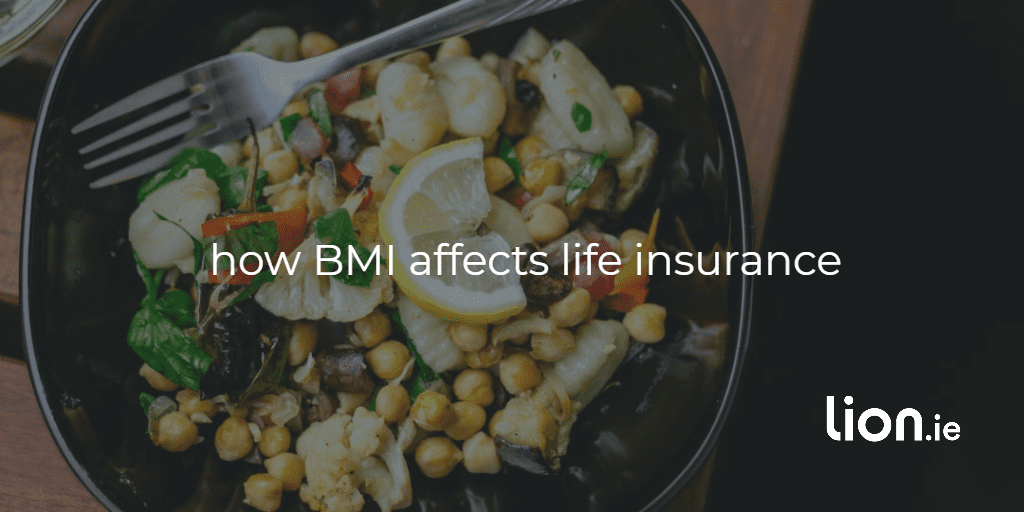 how BMI affects life insurance text on image of healthy food bowl