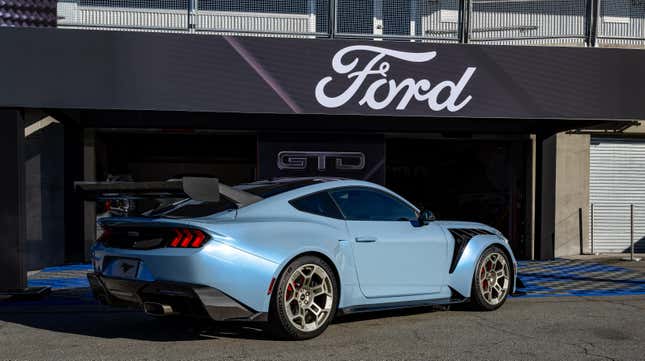 The Ford Mustang GTD viewed for a rear three-quarters angle