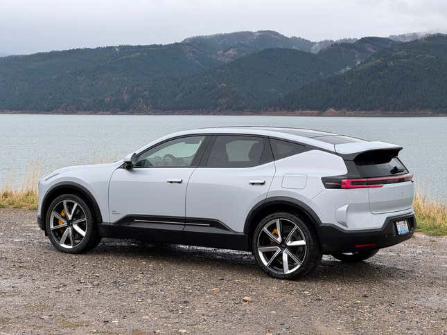 Rear 3/4 view of a grey Polestar 3