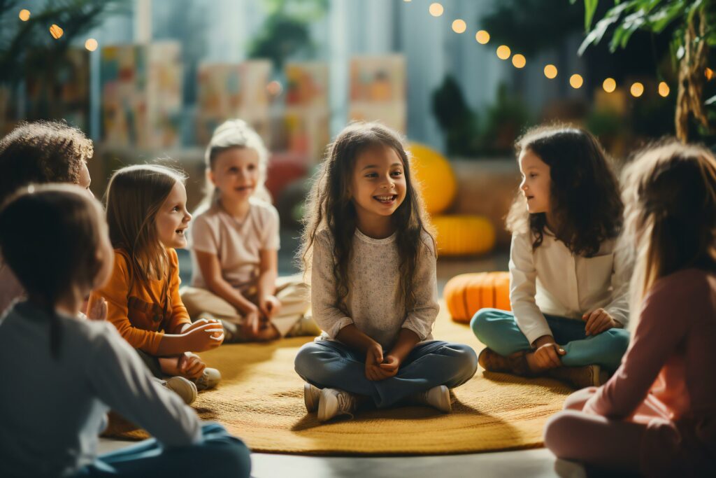 Group therapy kids talking sitting in the circle to address mental health