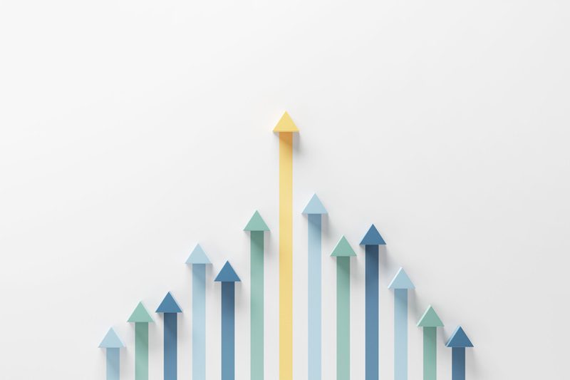 Blue and green Arrows pointing up, tallest yellow arrow in the middle