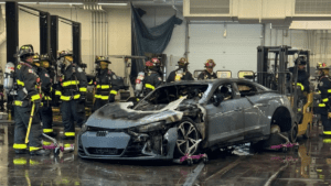 Firefighters Wheel Burning Audi EV Outside After It Caught Fire In Service Center