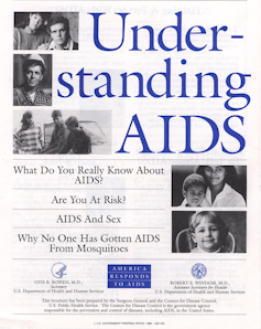 A title page with small black and white photos of seated individuals, with 'Understanding AIDS' in big blue letters.