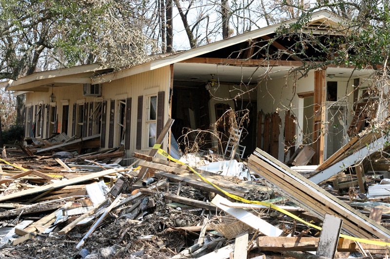 Houses lie in rubble 3 weeks after Hurricane Katrina in Bay St Louis or Waveland, Mississippi.