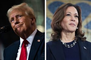 Two photos shown next to each other: a photo of Donald Trump on the left and Kamala Harris on the right.