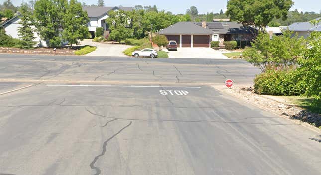 a sidebyside of the stop sign and street sign in Cameron Park, CA