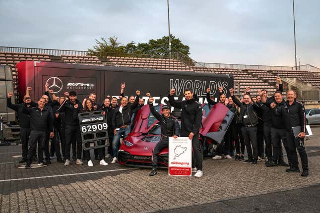 Mercedes-AMG One after the Nürburgring record with a team of people around it