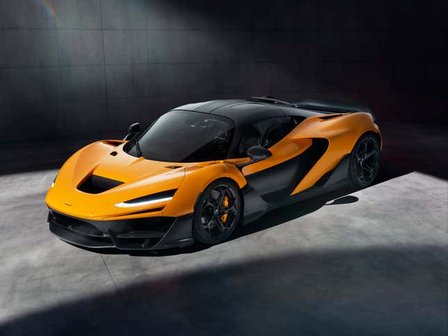 Front 3/4 view of an orange McLaren W1