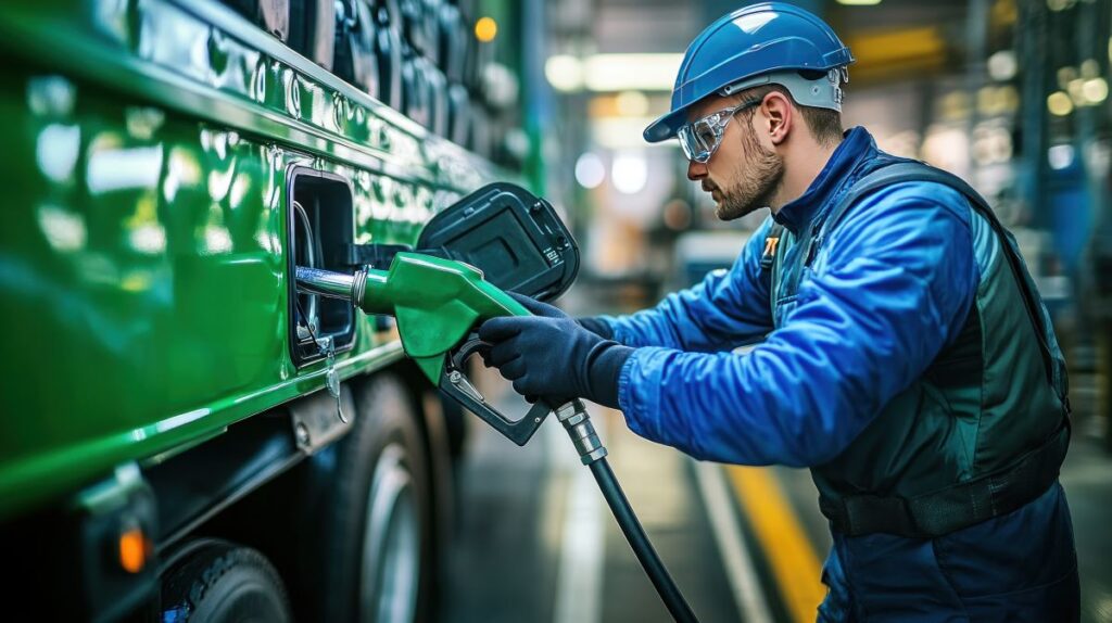 Man filling up truck with hydrogen