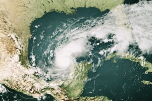 Hurricane Milton: 3D Render of a Topographic Map of the Gulf Of Mexico with the clouds from October 07, 2024.