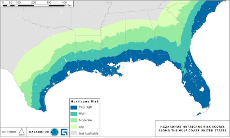  HazardHub Hurricane Risk Map for the U.S. Gulf Coast. 