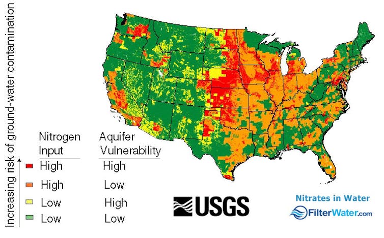 US map showing high risk of nitrate contamination in drinking water in the Midwest and central Plains