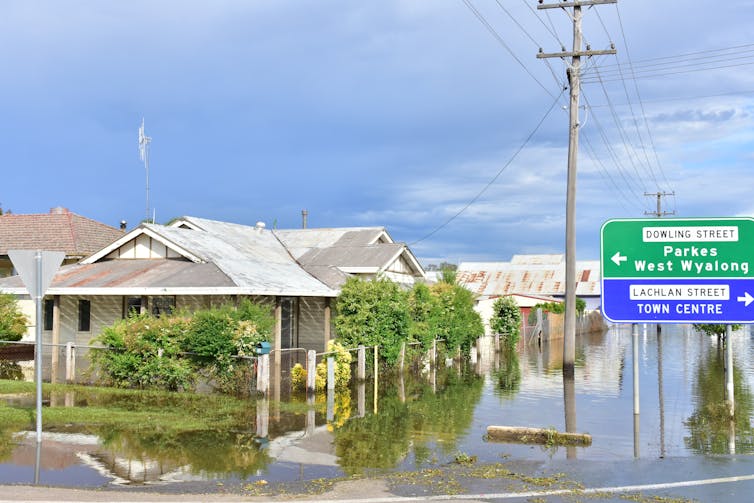 A general view of an inundated house in Forbes, NSW