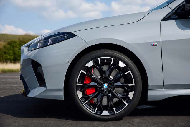 A close up of the front wheel of the new m235i GC