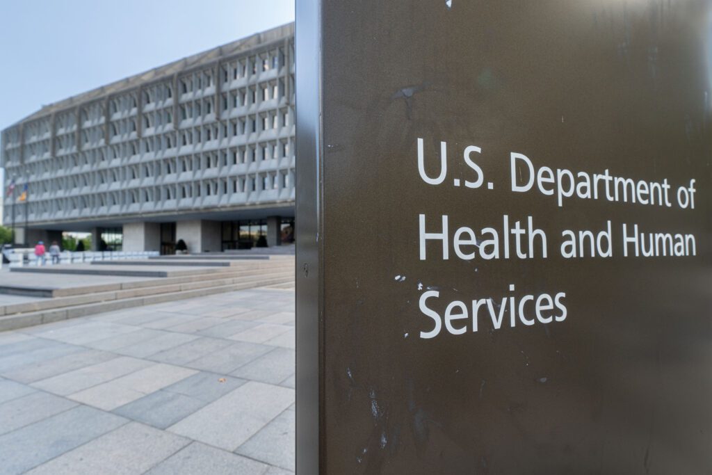 A photo of the sign in front of the Department of Health and Human Services' headquarters in Washington.