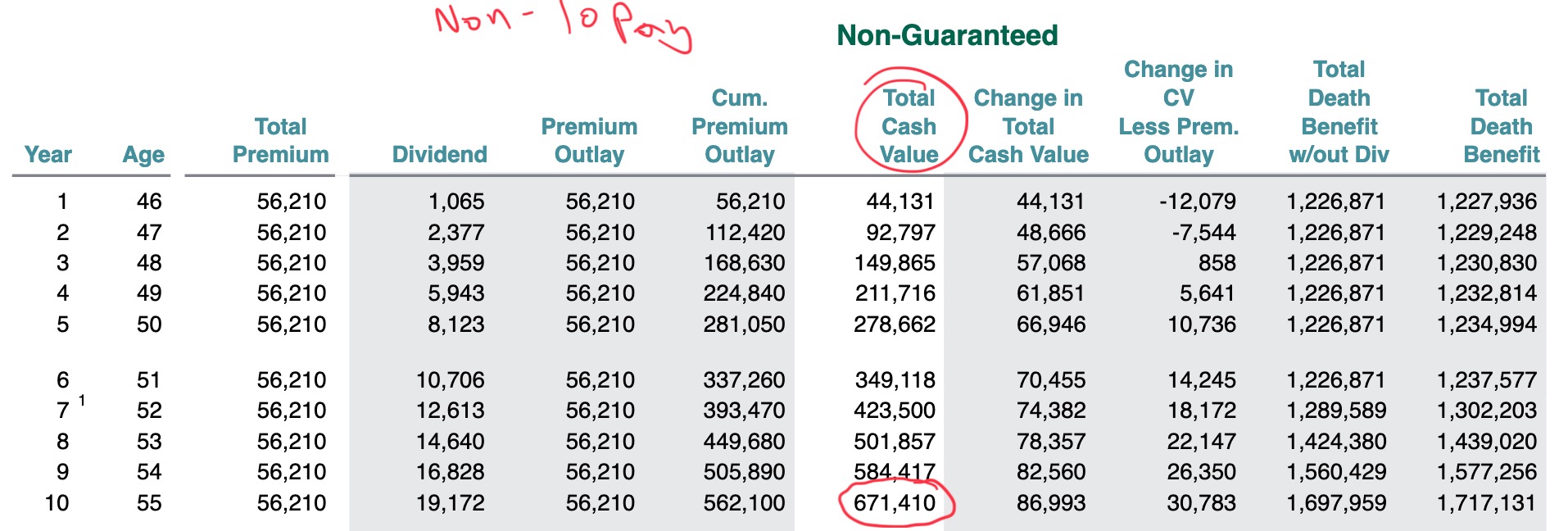 Non 10 Pay Whole Life Ledger Example