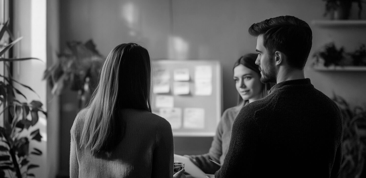 Three people stand in front of a whiteboard with post-it notes on it, talking about tech hardware risk management.