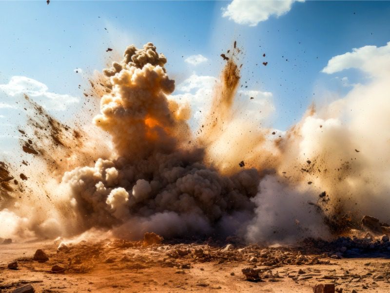 Industrial detonator blasting on the construction site in the desert